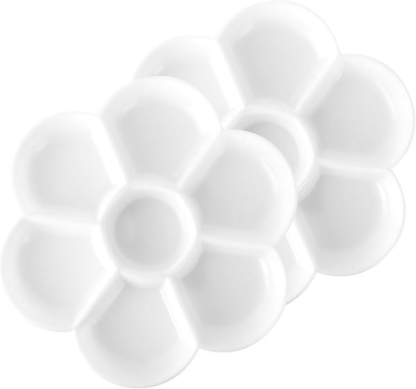 Plastic Palette for Painting, Plastic Paint Palette, 7 Well Flower Paint Tray Watercolor Painting Mixing Palette for Oil Acrylic Watercolor Gouache,Easy Wash, Paint Palette (2PCS White)