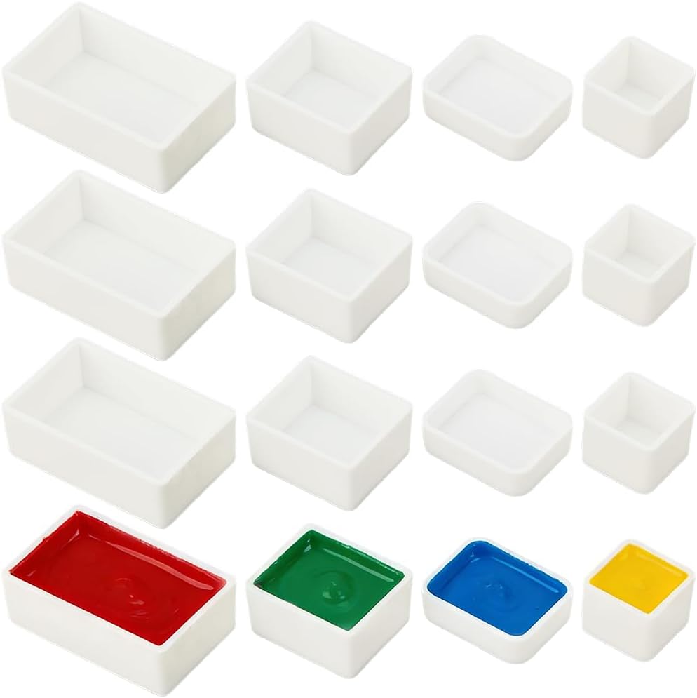 48Pcs 4 Sizes Half Empty Watercolor Pans White Plastic Portable Artist Paint Travel Tin Case Palette Containers Small Empty Pan Sets for DIY Oils Acrylics Art Drawing Painting