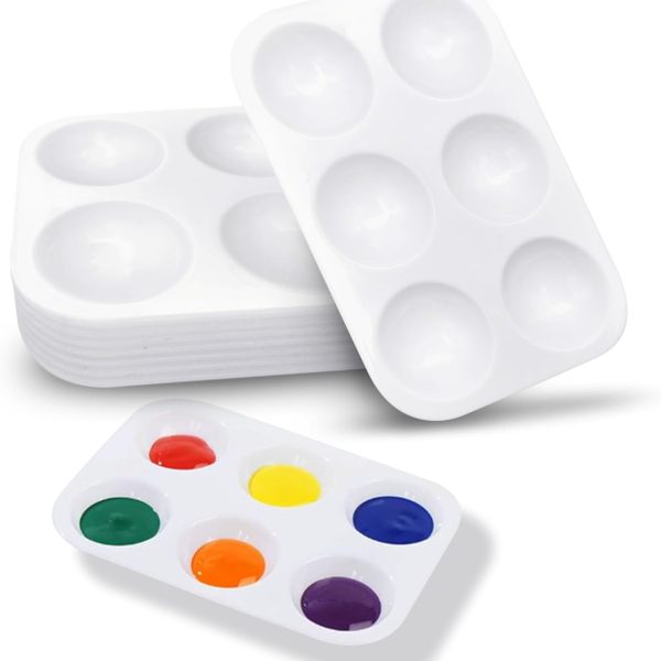Pack of 8 Mixing Palettes, Plastic Palette, Rectangular White Colour Tray, 6 Wells Watercolour Palette, Painting Palette for Artists, Watercolours, Oil, Acrylic Painting, 8.6 x 12.8 cm