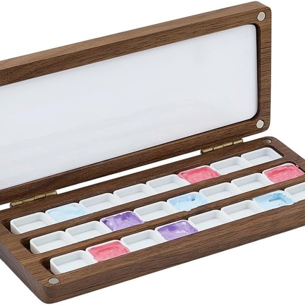 Wood Watercolor Painting Palette, Empty Watercolor Palettes Wooden Water Color Tray with Lid Travel Palette Box Water Color Box for Painters Students Adult Studio Home Sketching, Coffee