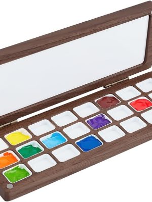 Empty Watercolor Paint Palette, 24 Grids Washable Walnut Paint Tray with Lid Travel Wooden Painting Box Watercolor Box Case for Painters Students Adult Studio Home Outdoor, Camel