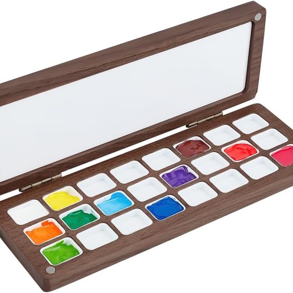 Empty Watercolor Paint Palette, 24 Grids Washable Walnut Paint Tray with Lid Travel Wooden Painting Box Watercolor Box Case for Painters Students Adult Studio Home Outdoor, Camel