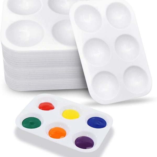 Pack of 16 Mixing Palettes, Plastic Palette, Rectangular White Colour Tray, 6 Wells Watercolour Palette, Painting Palette for Artists, Watercolours, Oil, Acrylic Painting, 8.6 x 12.8 cm