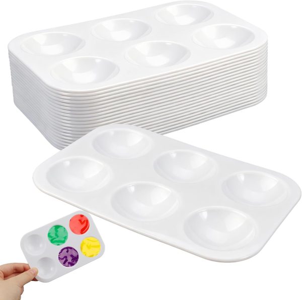 Pack of 20 Plastic Mixing Palette, Mixing, Painting Palette, Acrylic Paints, 6 Wells Paint Tray, Small, Colour Mixing Palette for Artists, Watercolours, Oil, Acrylic Painting, 8.7 x 12.8 cm