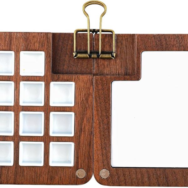 Portable Sketchbook Palette, Wooden 15 Grids Portable Palette Mini Travel Paint Palette with Clip Magnetic Watercolor Paint Palette for Painting