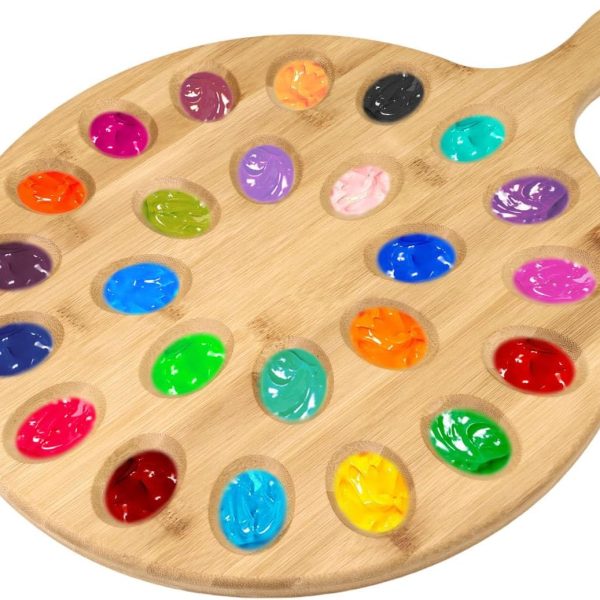 2 Sides Wooden Paint Palette, 24 Well & Flat Wood Paint Tray for Painting, Oil Watercolor Acrylic Art Wooden Paint Mixing Palette Holder for Artist Painter (Beige)